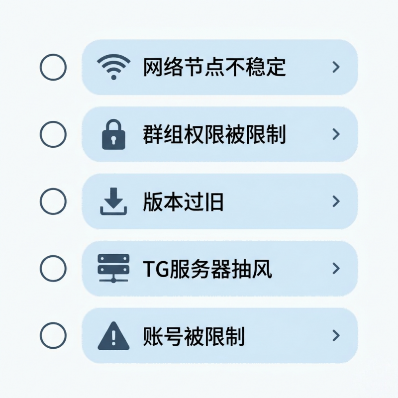 这是一张简洁的列表式图表，详细列举了导致 Telegram 打不开群组的五个主要原因排查项。每个选项前配有图标，背景为淡蓝色圆角矩形：

网络节点不稳定（Wi-Fi 图标）：提示由于代理或加速器连接问题导致的加载失败。

群组权限被限制（锁头图标）：说明可能因为内容违规或设置导致群组被屏蔽。

版本过旧（下载图标）：提示由于 APP 软件版本未更新产生的兼容性故障。

TG 服务器抽风（服务器图标）：指出官方服务器波动导致的数据不同步。

账号被限制（警告图标）：提示用户账号因风险控制被限制加入或查看特定群组。