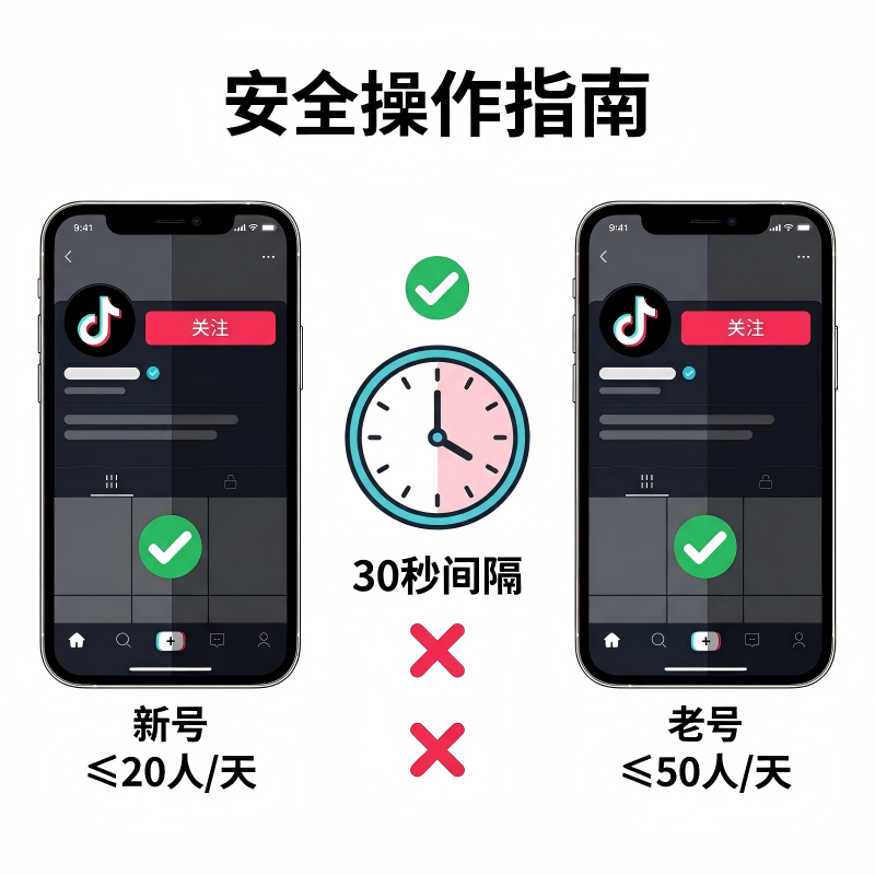 一张 TikTok 安全操作指南图示，详细说明了解决 TikTok 关注不了人的操作节奏：建议两次关注动作间隔 30 秒以上，并规定新号每天关注人数少于 20 人，老号少于 50 人，以规避系统风控导致的关注失效。