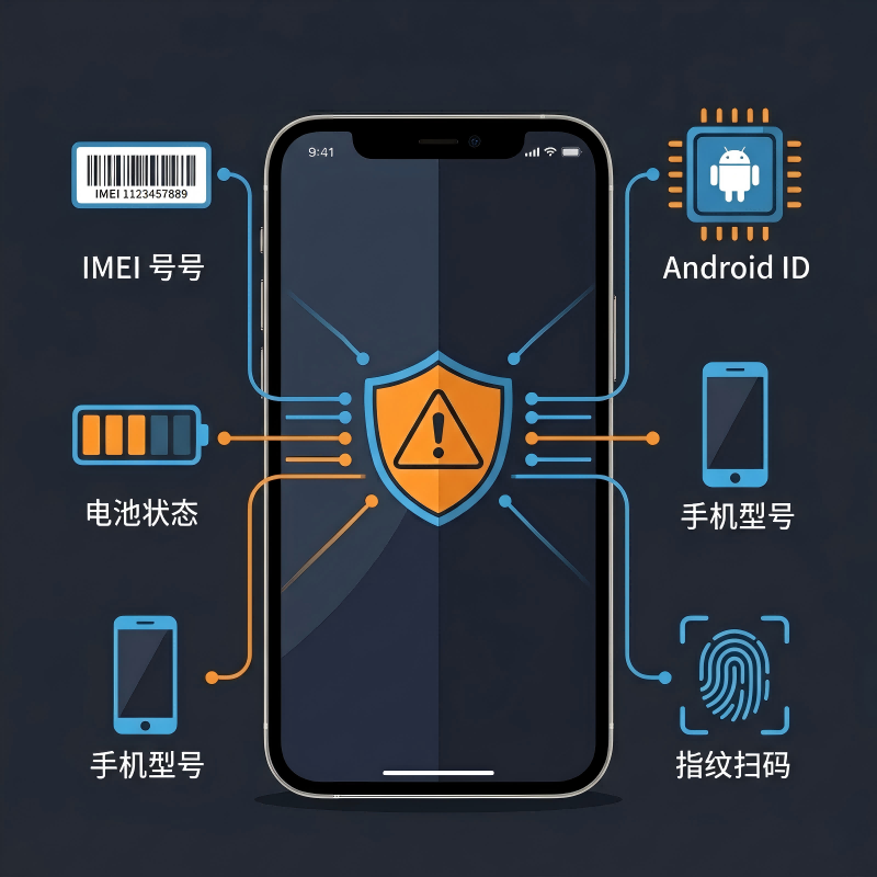 一张解析手机设备指纹的示意图，列出了 IMEI 信号、Android ID、电池状态、手机型号等关键识别信息。解释了当设备信息被 TikTok 识别为异常或多次违规时，会导致 TikTok 关注不了人、点赞不显示等设备级封禁问题。