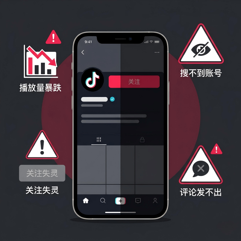 一张展示 TikTok 账号限流症状的示意图，重点标注了“关注失灵”是其核心症状之一。图中还列举了播放量暴跌、搜不到账号、评论发不出等关联问题，帮助用户确认导致 TikTok 关注不了人的根本原因是否为账号权重受损或风控。