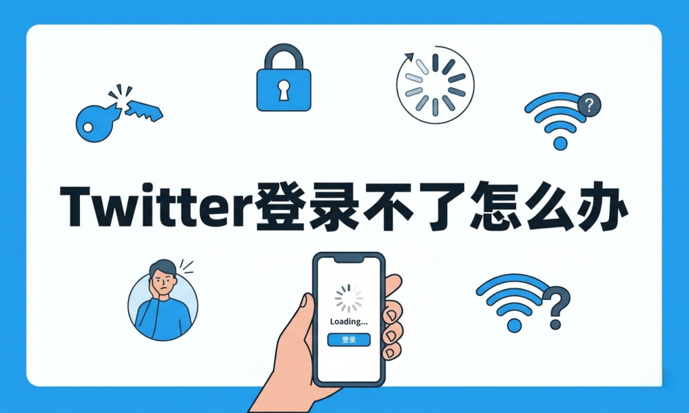 一张以蓝色和白色为主调的简洁插画，主题为解决 Twitter 登录不了的问题。 中心文字：图片中间显示黑色醒目字体“Twitter 登录不了怎么办”。 核心视觉：下方有一只手握着智能手机，手机屏幕显示“Loading...”加载圈和“登录”按钮，暗示用户正卡在登录界面。 周围图标：手机上方分布着多个功能图标，包括断开的钥匙（密码错误）、锁头（账号封禁或安全锁定）、加载进度条（连接超时）以及带问号的 Wi-Fi 图标（网络连接异常）。 人物表情：左侧有一个面露愁容的人物插画，生动体现了用户遇到 Twitter 登录不了时的困扰心情。