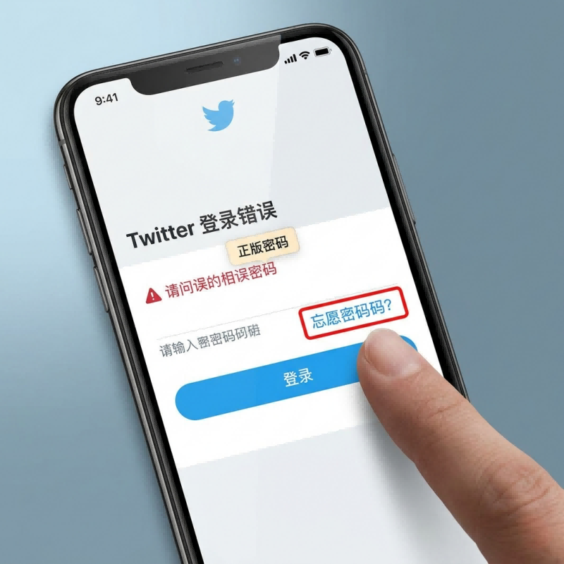 一张近距离拍摄的手机样机图，展示了用户在登录 Twitter 时遇到的障碍。

界面详情：手机屏幕上显示 Twitter 的登录页面，上方有明显的“Twitter 登录错误”字样。

核心冲突：输入框上方出现了红色的警告提示“请问误的相关密码”，背景中还漂浮着“正版密码”的标签，暗示用户输入的密码不匹配。

解决方案引导：图中一只手指正准备点击红框圈出的“忘记密码？”链接。

场景应用：该图直观地展示了由于遗忘或输入错误导致 Twitter 登录不了的典型画面，并强调了点击“忘记密码”是解决该问题的首要步骤。