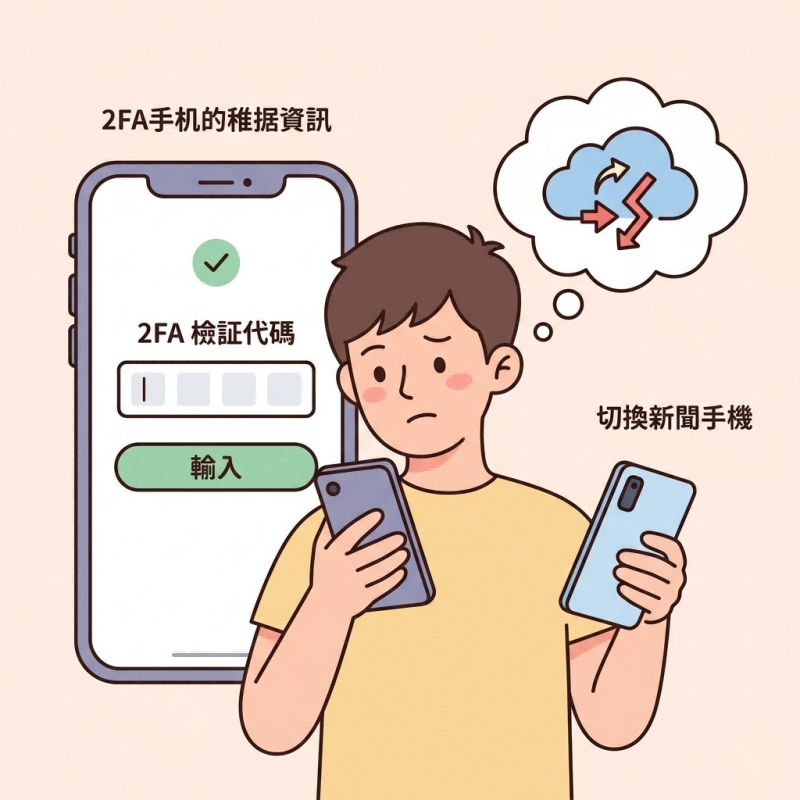 一张扁平化风格的排查场景插画，展示了解决 Twitter 登录不了时涉及的双重验证（2FA）难题。

左侧主体：显示一个巨大的手机屏幕，界面上提示“2FA 验证代码”，带有输入框和绿色的“输入”按钮，上方标注有“2FA 手机的准据资讯”。

中心人物：一名神情困惑的男生手里拿着两部手机。

思维与动作：人物上方的气泡显示云端同步受阻的图标，右侧文字标注“切换新闻手机”（暗示尝试更换设备登录）。

应用场景：该图生动描述了当用户遇到 Twitter 登录不了且卡在双重验证环节，或是由于旧设备无法获取验证码时，需要进行的设备切换与验证逻辑排查。