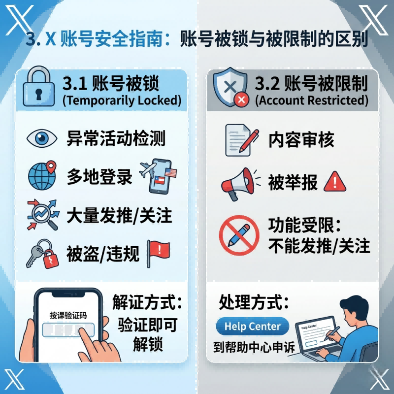 这是一张详细的知识科普图，对比展示了导致 Twitter 登录不了或功能异常的两大账号状态：

左侧：账号被锁 (Temporarily Locked)。列举原因为异常活动、多地登录、大量发推/关注、被盗或违规。解证方式为通过手机展示的“按课验证码”进行验证，验证后即可解锁恢复登录。

右侧：账号被限制 (Account Restricted)。列举原因为内容审核、被举报、功能受限（如不能发推/关注）。处理方式为通过插画展示的电脑操作界面，前往 X (Twitter) 帮助中心（Help Center）提交申诉。

该图表通过直观的图标和分类，帮助用户在遇到 Twitter 登录不了时快速判断账号风险等级并采取相应对策。