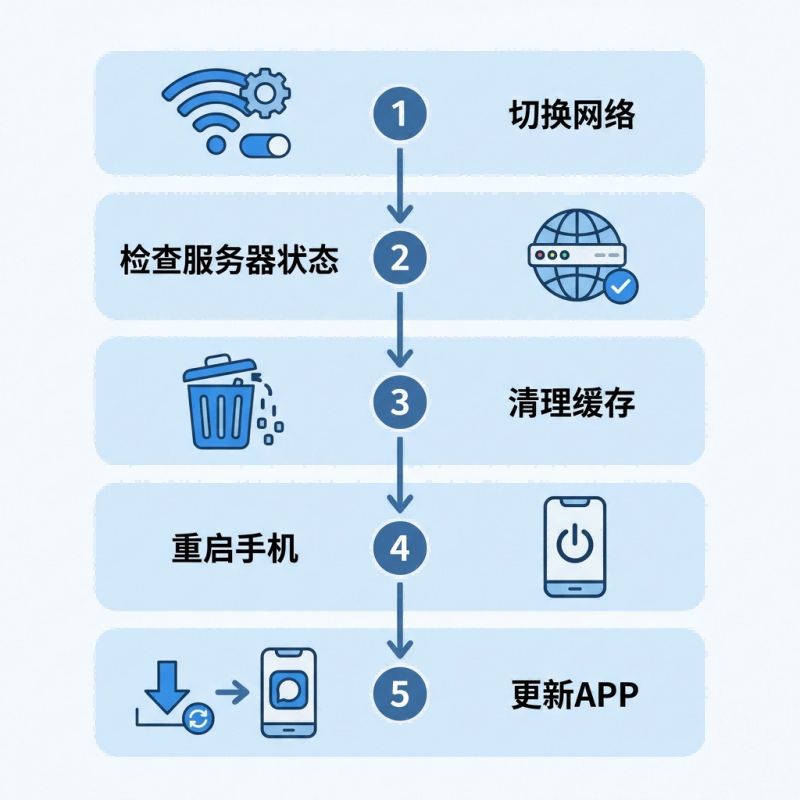 这是一张展示解决 推特加载不出来 问题的三步流程图。图片采用蓝色调的分步设计：

第一步：环境检测。图标显示一个放大镜对着地球，下方文字提示检查当前的代理工具是否连接正常，以及节点是否已被推特官方屏蔽。

第二步：设置优化。图标显示一个齿轮，提示用户进入手机或电脑设置，尝试清除 App 缓存或重置网络 DNS 为 8.8.8.8。

第三步：状态验证。图标显示一个带有对勾的手机，提示完成上述操作后重新打开推特，验证图片和视频内容是否能恢复正常加载。
底部带有一行文字说明：“遵循此逻辑排查，可解决 90% 以上的推特加载失败问题。”