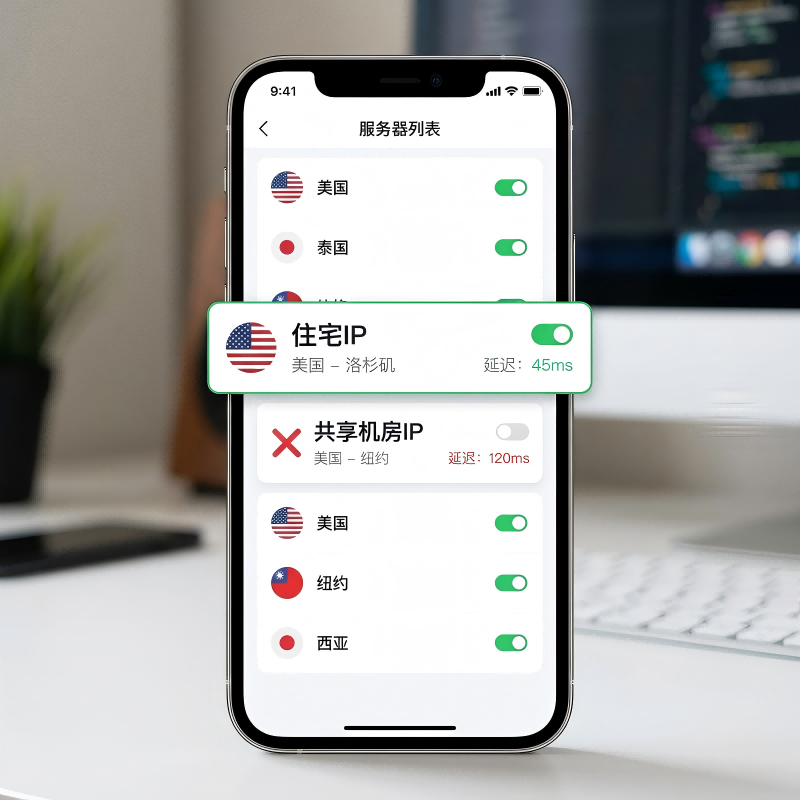 手机 VPN 界面显示正在切换美国洛杉矶住宅 IP 节点，对比高延迟的共享机房 IP，旨在通过纯净网络环境解决 TikTok 无法关注他人、点赞失效或注册失败的技术故障。