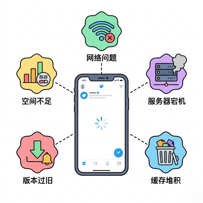 这是一张清晰的系统化排查信息图，围绕解决 推特加载不出来的问题。

中心视觉：一个 iPhone 手机模型，屏幕上显示 Twitter（X）的应用界面，中心有一个正在旋转的加载图标（转圈）。

排查维度：手机四周环绕着五个不同颜色的花形图标，分别指向不同的故障原因：

网络问题（绿色）：提示 Wi-Fi 或蜂窝数据连接异常。

服务器宕机（紫色）：指出 Twitter 官方服务器可能存在波动或维护。

缓存堆积（蓝色）：暗示 App 长期未清理导致的资源加载冲突。

版本过旧（红色）：提示需要更新 App 以修复已知兼容性 BUG。

空间不足（黄色）：说明手机剩余存储空间过低影响了 App 的正常运行。

场景应用：该图直观地向用户展示，当常规手段无法解决 推特加载不出来时，应从这五个更深层的系统和软件维度进行排查。