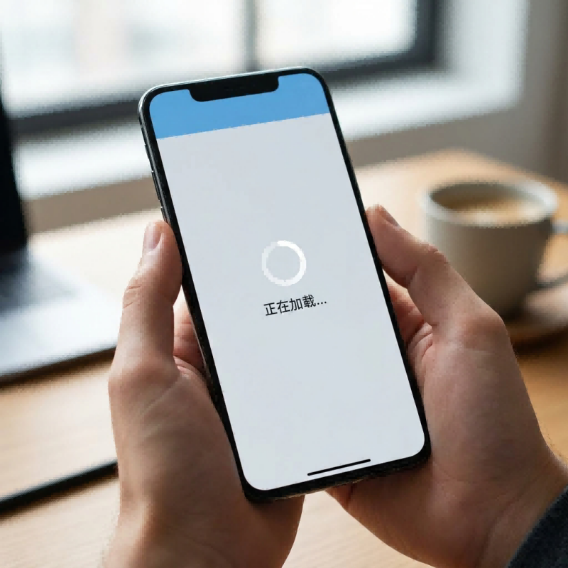 一张双手握持 iPhone 手机的近景实拍图。手机屏幕显示为一个典型的应用加载界面：

视觉表现：屏幕中心有一个白色的圆形进度条（转圈图标），下方带有中文提示文字“正在加载...”。

背景环境：背景是模糊的办公或咖啡馆桌面场景，隐约可见咖啡杯。

场景关联：该图直观展示了用户在打开社交媒体应用时最常见的故障现象。它常用于解释为何 推特加载不出来，并引导读者排查网络连接、App 缓存或代理节点设置等问题。