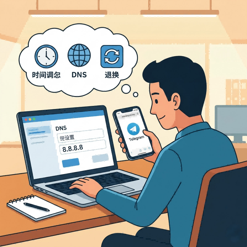 一张扁平化风格的插画，展示了一名用户正坐在电脑前尝试解决 Telegram 打不开群组的技术问题。

画面中心：用户左手拿着显示 Telegram 图标的手机，右手操作笔记本电脑，电脑屏幕上正显示 DNS 设置界面（输入框显示 8.8.8.8）。

思维气泡：用户头上的气泡列出了三个关键排查点：时间调念（校准系统时间）、DNS（优化解析服务）以及退换（重新登录或更换连接协议）。

应用场景：该图生动描绘了当常规手段无效，需要通过修改网络底层设置来修复 Telegram 连接故障的过程